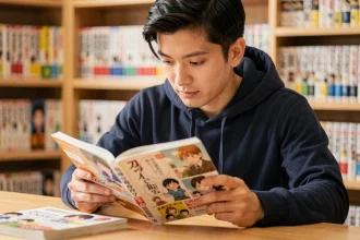 Jeune homme lisant un manga One Piece à son bureau entouré de volumes de manga