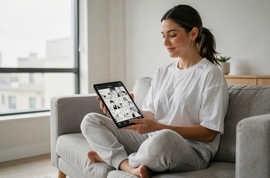 Femme lisant One Piece sur une application de manga numérique depuis sa tablette dans un salon moderne