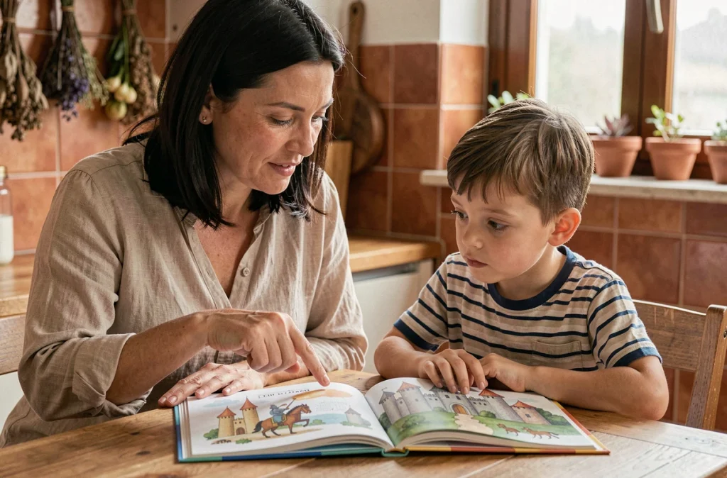 Mère et fils lisant ensemble un roman illustré sur les chevaliers du Moyen Âge à une table de cuisine chaleureuse