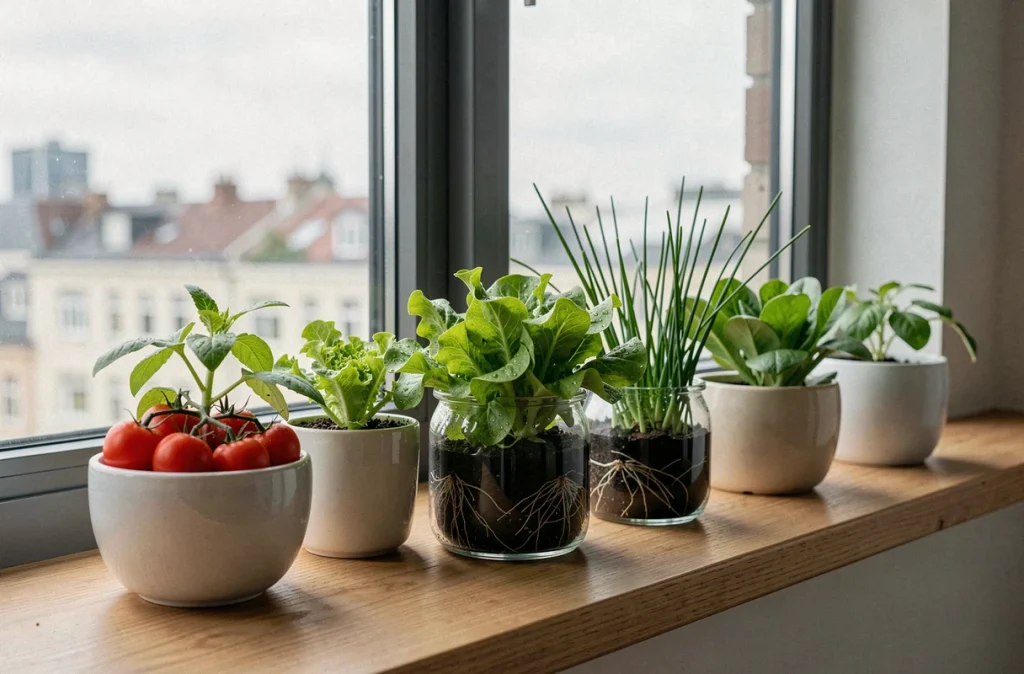 Jardinière de tomates cerises, laitue et ciboulette cultivées sur un rebord de fenêtre d'appartement avec vue urbaine en arrière-plan