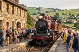 Locomotive à vapeur restaurée arrivant en gare rurale historique avec des voyageurs sur le quai en pierre