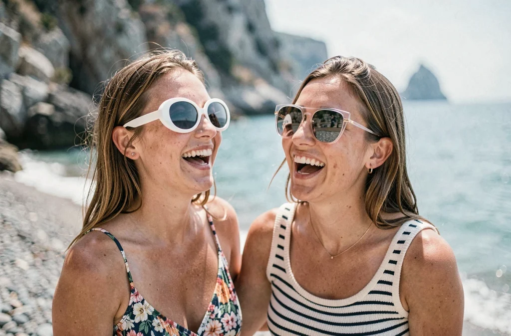Deux amies riant sur une plage avec des lunettes de soleil oversize tendance, modèles ovales blancs et montures géométriques miroir