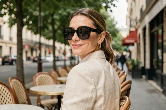 Femme élégante portant des lunettes de soleil oversize noires sur une terrasse de café parisienne, tendance mode été