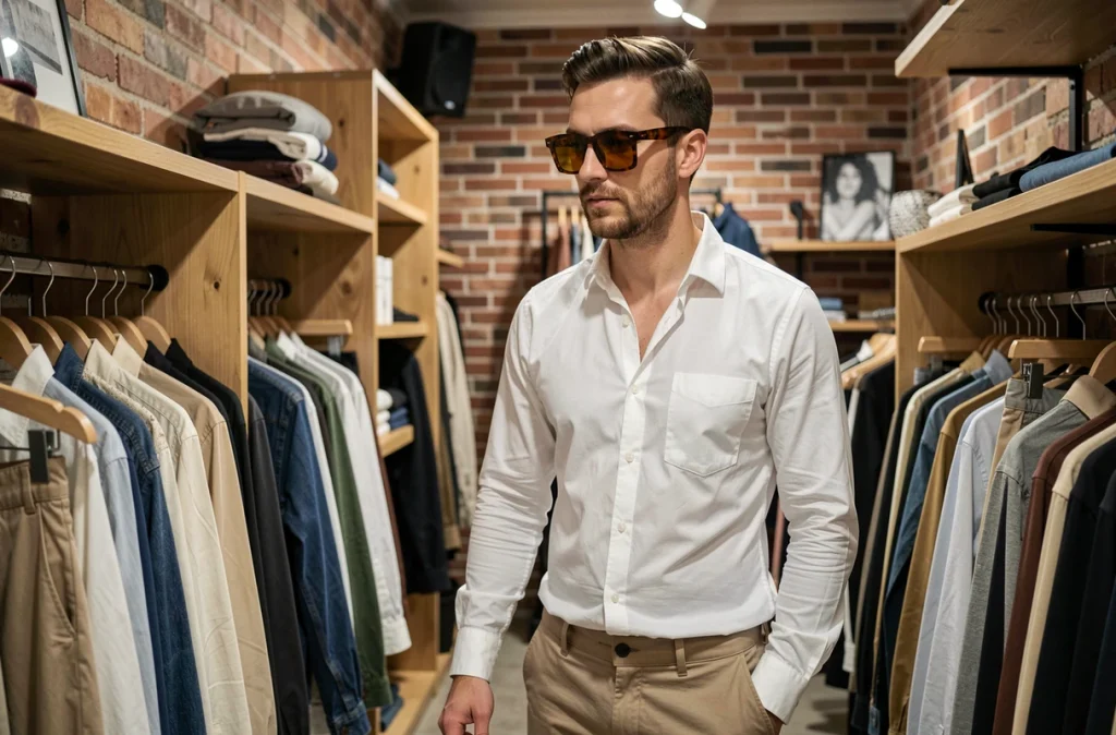 Homme tendance avec des lunettes de soleil oversize vintage à montures ambrées dans une boutique de mode moderne