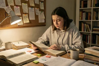 Lycéenne révisant Le Rouge et le Noir de Stendhal la veille du bac dans sa chambre avec des notes manuscrites et des livres annotés