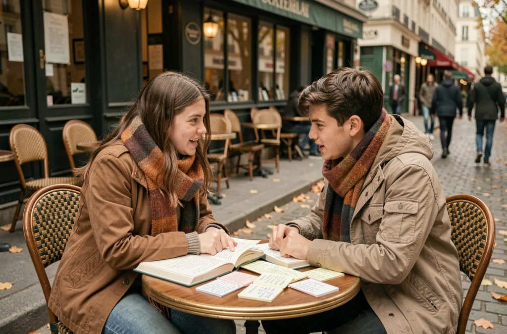 Deux lycéens révisant Le Rouge et le Noir de Stendhal ensemble en terrasse de café parisien avec fiches et livres annotés