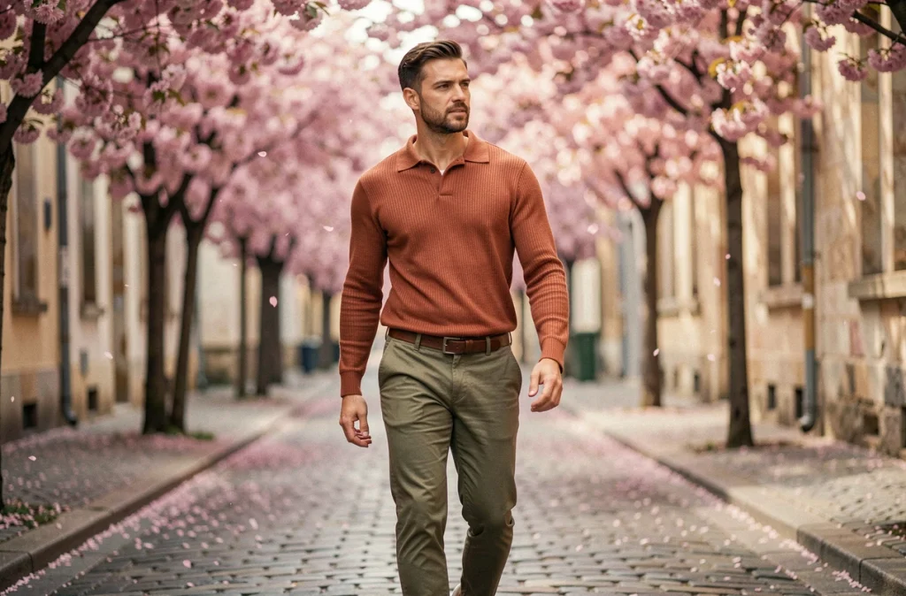 Homme en polo maille côtelée terracotta marchant dans une rue pavée fleurie au printemps