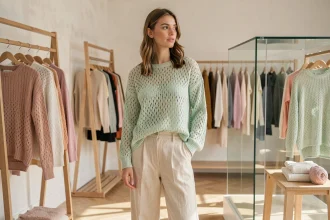Jeune femme portant un pull en maille ajourée pastel dans une boutique parisienne printanière