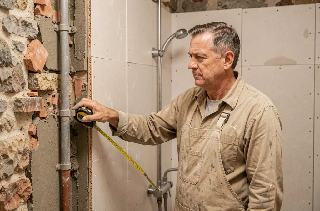 Artisan de Maison 9 mesurant une salle de bain en cours de rénovation avec tuyaux apparents à Orléans