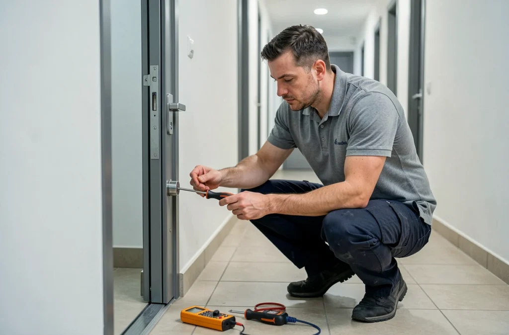 Technicien en serrurerie installant un cylindre électronique haute sécurité sur une porte d'appartement moderne