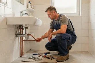 Un plombier professionnel en combinaison bleue inspecte des canalisations sous un lavabo dans une salle de bain résidentielle en Corrèze