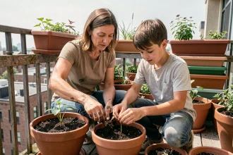 Mère et fils plantant des légumes dans des pots en terre cuite sur un balcon urbain ensoleillé