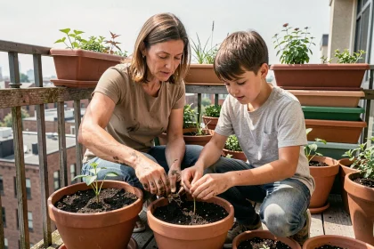 Mère et fils plantant des légumes dans des pots en terre cuite sur un balcon urbain ensoleillé