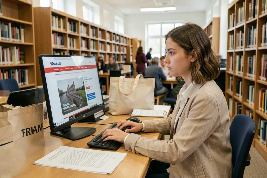 Jeune femme utilisant un ordinateur en bibliothèque pour mettre à jour son adresse temporaire sur le site France Travail