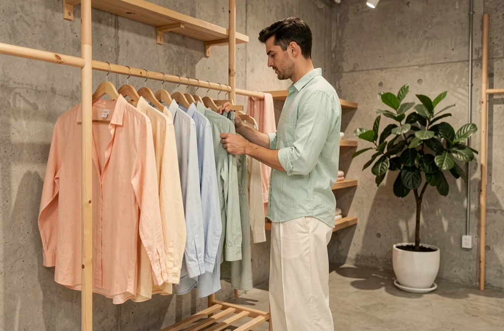 Homme en chemise vert menthe feuilletant des vêtements estivaux pastel dans une boutique de mode minimaliste, tendance couleurs douces été