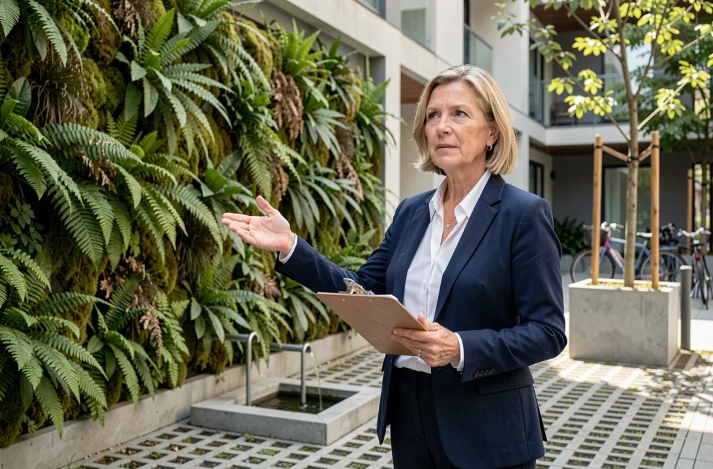 Gestionnaire de copropriété présentant un mur végétal dans la cour intérieure d'une résidence écologique