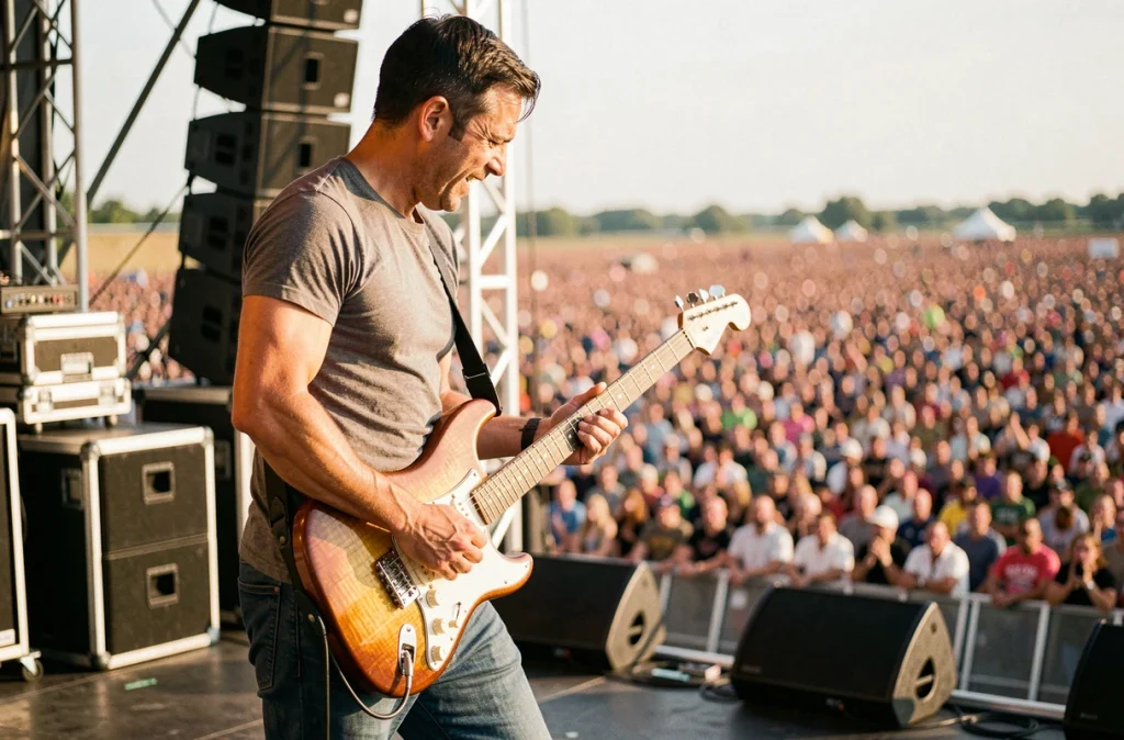 Guitariste masculin sur scène lors d'un grand festival de musique d'été à guichets fermés