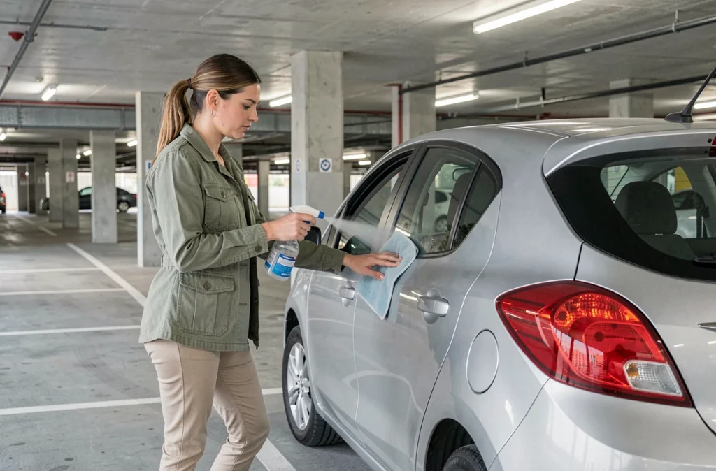 Femme utilisant un spray de lavage sans eau pour nettoyer sa voiture dans un parking urbain couvert