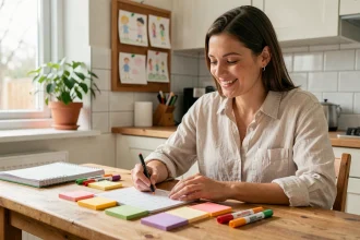 Mère organisant un calendrier d'activités pour les vacances scolaires à la table de cuisine avec des post-it colorés