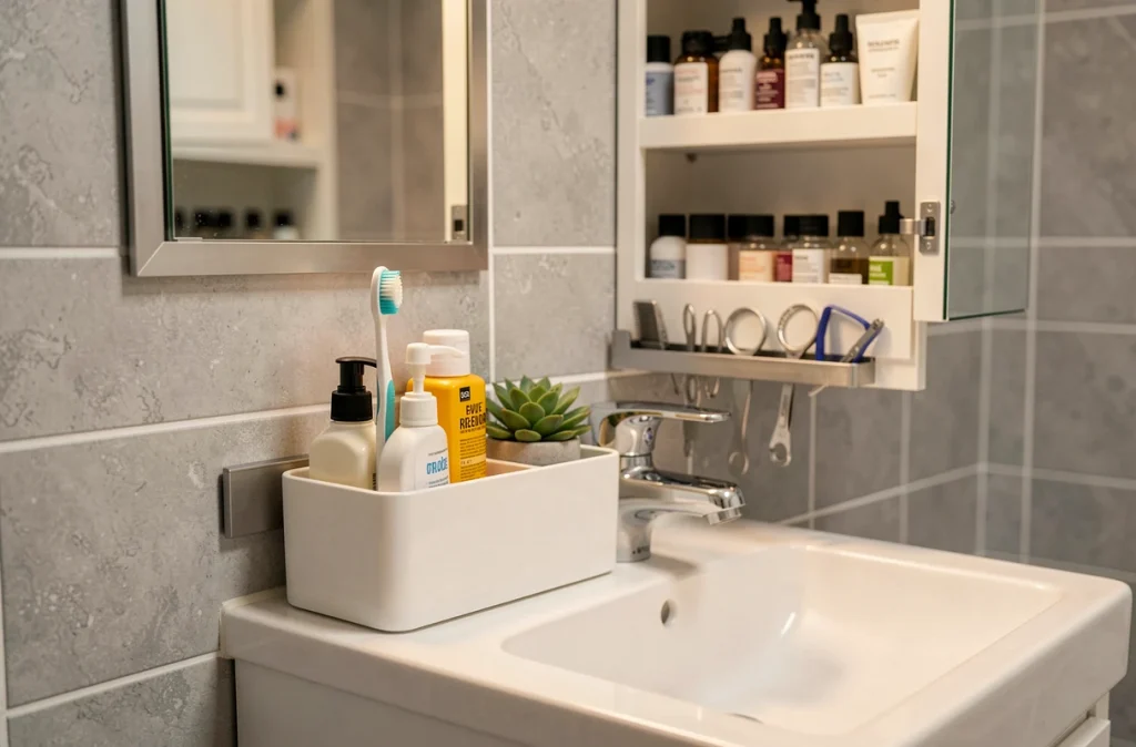 Organisation du plan vasque dans une petite salle de bains avec armoire à pharmacie encastrée