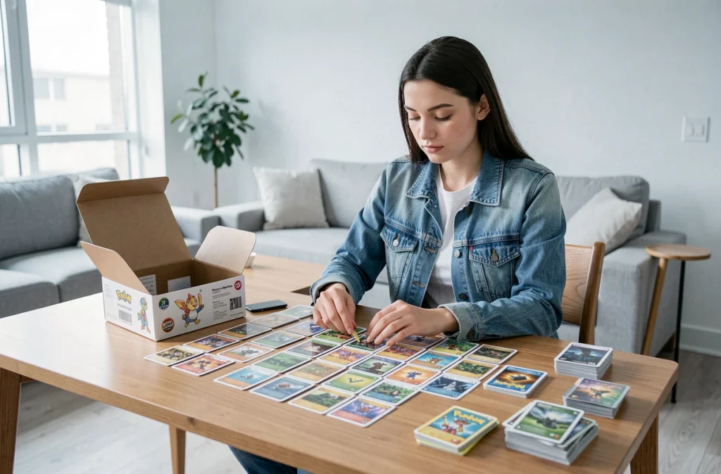 Jeune femme organisant un set complet de cartes Pokémon sur une table, tri par rareté pour débutants