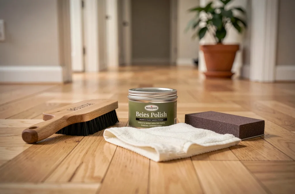 Outils d'entretien du parquet posés sur un plancher en chêne clair : brosse, cire d'abeille et chiffon microfibre