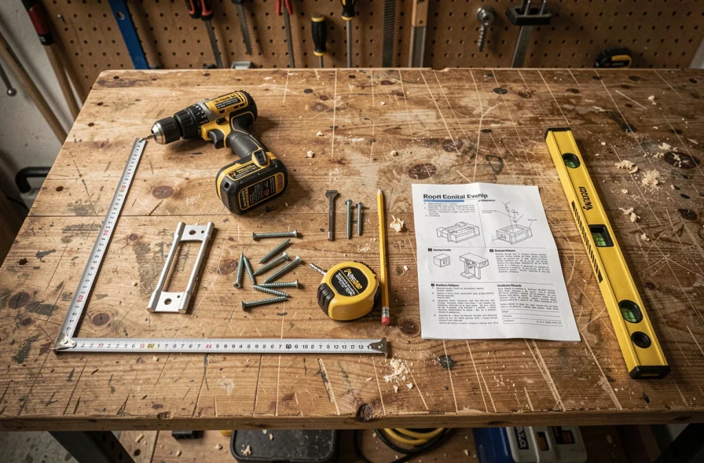 Vue de dessus des outils nécessaires pour installer une étagère murale, posés sur un établi en bois
