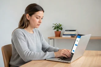 Jeune femme ouvrant un compte bancaire en ligne sur son ordinateur portable dans un bureau à domicile moderne