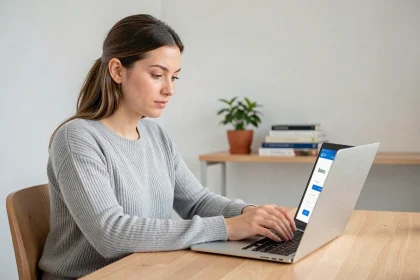 Jeune femme ouvrant un compte bancaire en ligne sur son ordinateur portable dans un bureau à domicile moderne