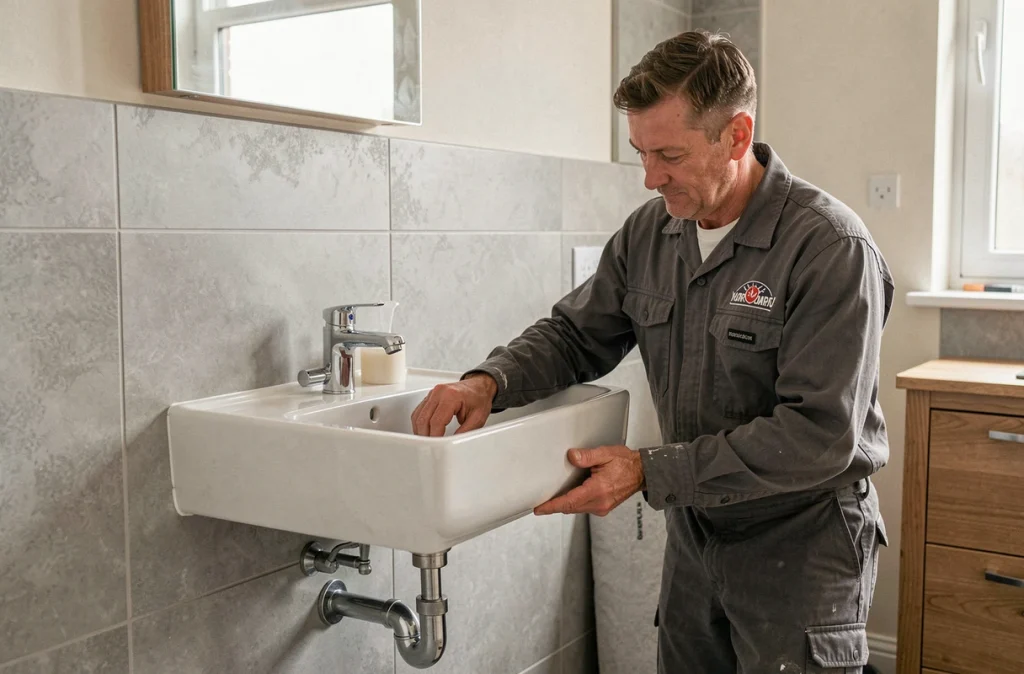 Plombier Paolini pose un lavabo en céramique avec siphon chromé dans une salle de bain rénovée aux carreaux gris