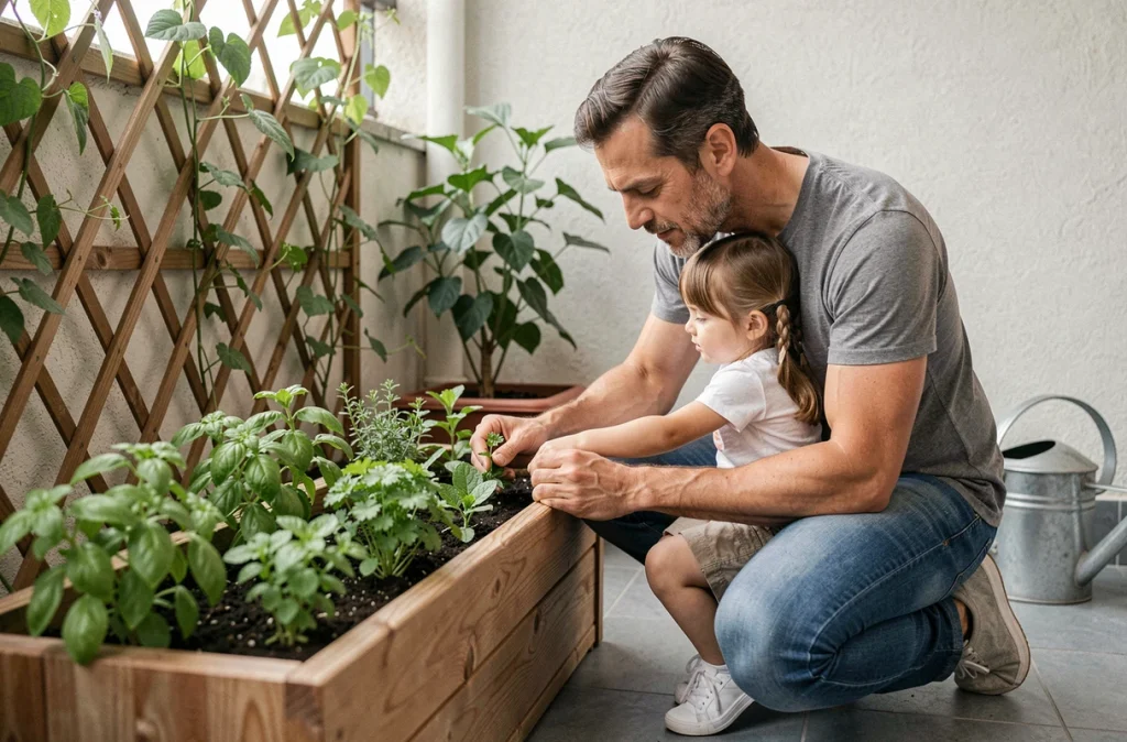 Père et fille arrangeant des plants d'herbes aromatiques dans une jardinière en bois sur un balcon d'appartement