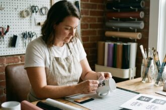 Femme appliquant un stencil en vinyle sur une tasse blanche dans un atelier créatif fait maison