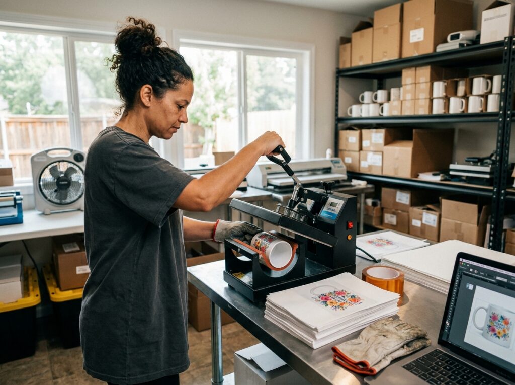 Femme utilisant une presse à chaud pour personnaliser une tasse par sublimation dans un atelier