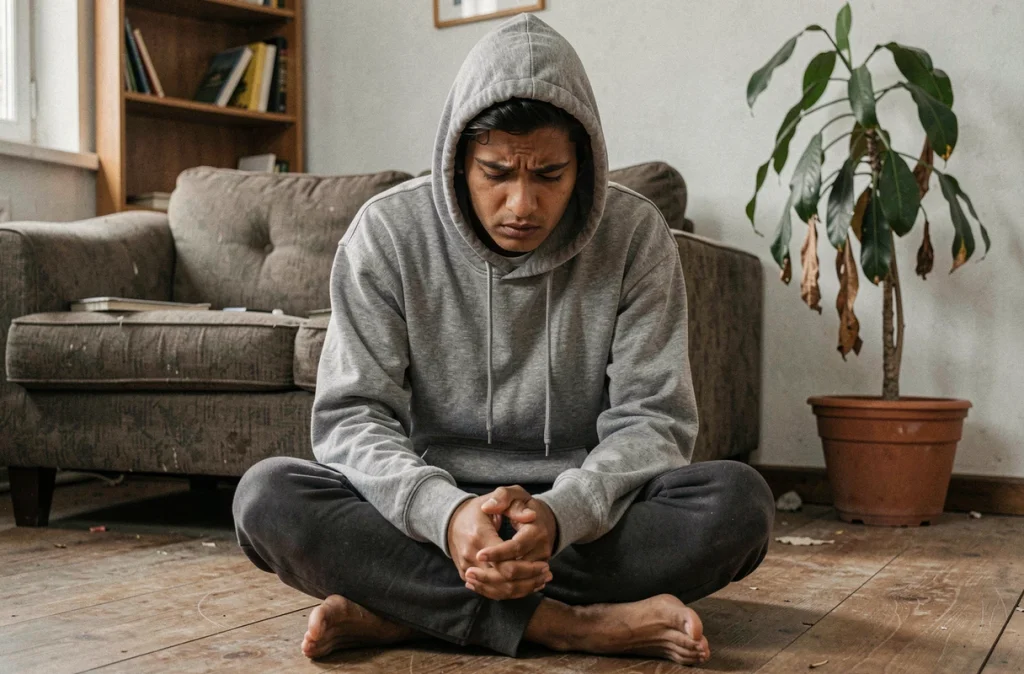 Personne épuisée assise au sol chez elle, représentant l'impact psychologique et physique du stress chronique