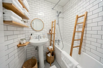 Petite salle de bains moderne avec étagères murales en bambou et rangements optimisés