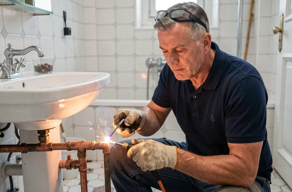 Philippe Guillaume, artisan plombier indépendant, soude un raccord en cuivre dans une salle de bain à Orléans