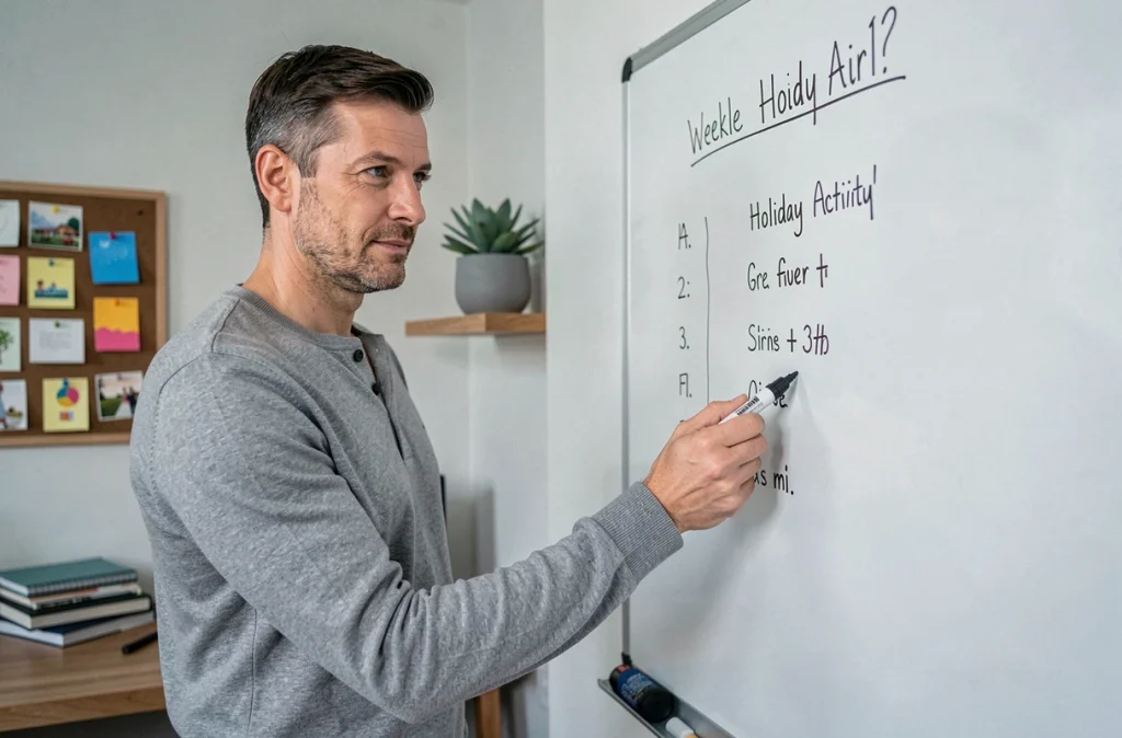 Père écrivant un planning d'activités de vacances scolaires sur un tableau blanc dans un bureau à domicile