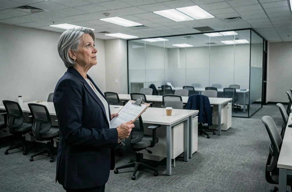 Responsable des locaux inspectant un plateau de bureaux largement inoccupé en raison de la généralisation du télétravail