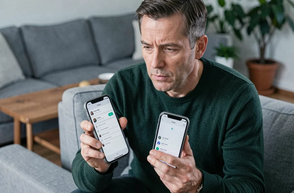 Homme comparant deux smartphones pour gérer la portabilité et le multi-lignes d'un forfait Free