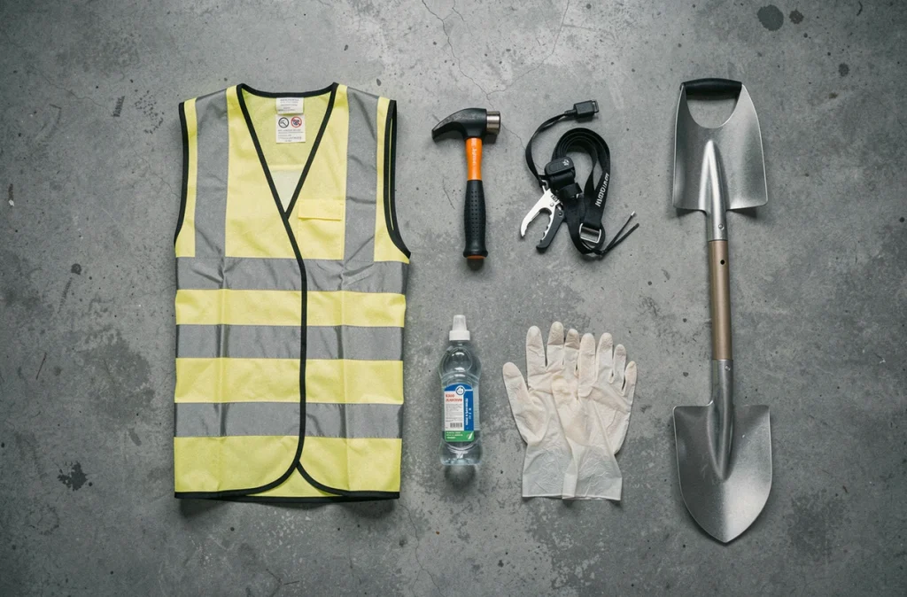 Pose à plat d'accessoires essentiels pour le coffre de voiture sur sol en béton : gilet réfléchissant, marteau de sécurité, lampe torche et pelle pliable