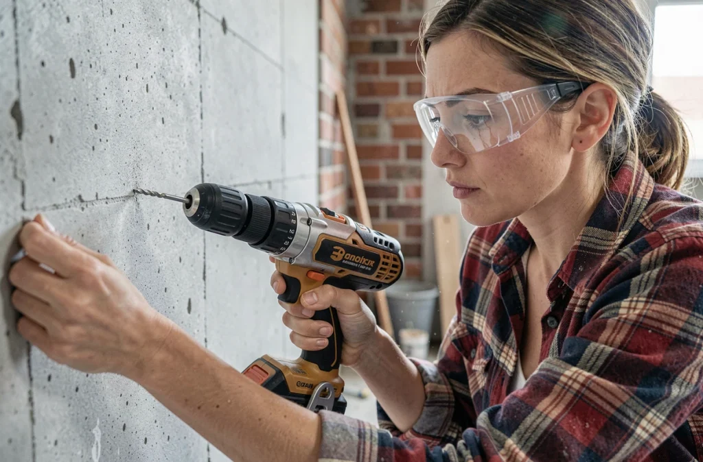 Femme utilisant une perceuse sans fil pour fixer une cheville dans un mur en béton lors de la pose d'une étagère