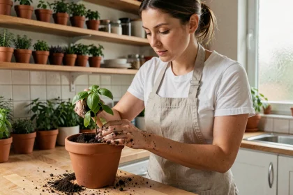 Femme transplantant du basilic dans un pot en terre cuite sur un plan de travail de cuisine d'appartement, entourée d'herbes aromatiques en intérieur