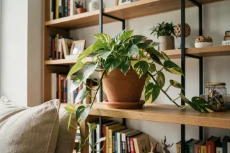 Plante pothos dépolluante dans un pot en terre cuite sur une étagère en bois dans un salon cosy