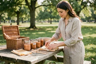 Femme préparant un pique-nique zéro déchet avec des contenants réutilisables et des couverts en bambou dans un parc verdoyant