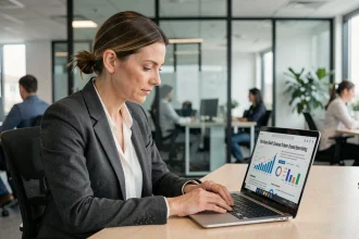 Professionnelle en entreprise lisant des actualités business et IA générative sur son ordinateur portable dans un bureau moderne
