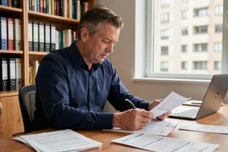 Propriétaire bailleur examinant des documents fiscaux liés à ses revenus locatifs dans un bureau à domicile