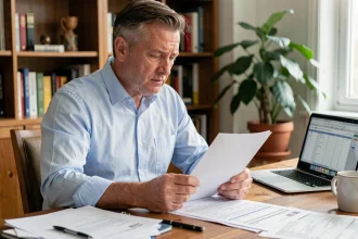 Propriétaire bailleur analysant les documents fiscaux d'une location meublée à son bureau à domicile