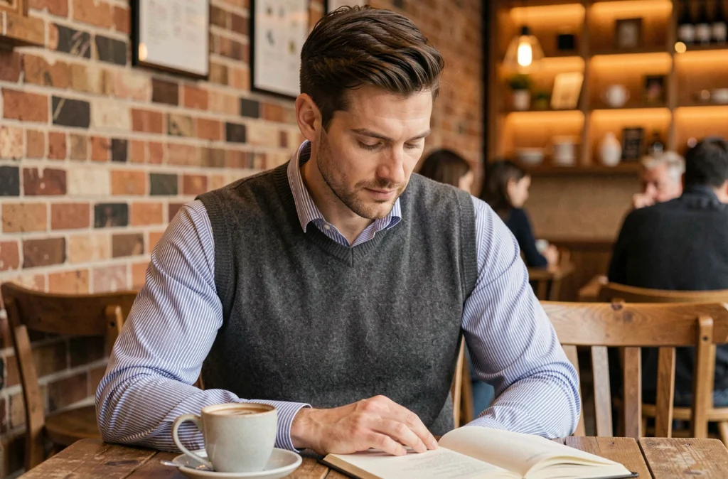Homme en pull sans manches gris chiné sur chemise Oxford rayée, assis dans un café cosy, style layering masculin décontracté