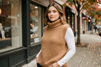 Femme portant un pull sans manches en maille camel sur une chemise blanche à manches longues, look layering automnal en rue