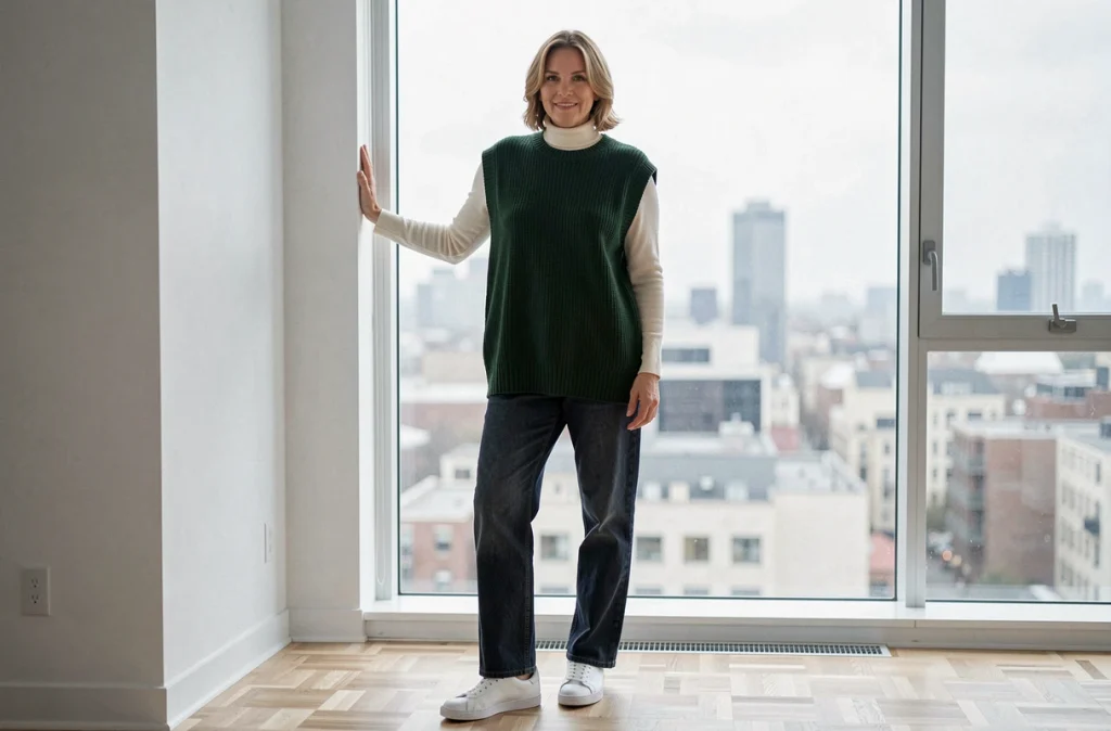 Femme en gilet sans manches oversize vert forêt sur col roulé ivoire, look layering minimaliste dans un appartement moderne